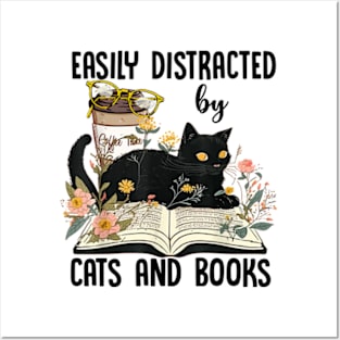 Easily Distracted By Cats And Books Reading 2023 Flower Cat Book Lover Posters and Art